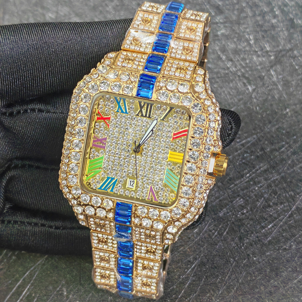 Iced Out Square Watch Men | Black CZ Blue Sapphire Baguette | Roman Numeral Blue Pave Dial | Hip Hop Luxury Date Watch