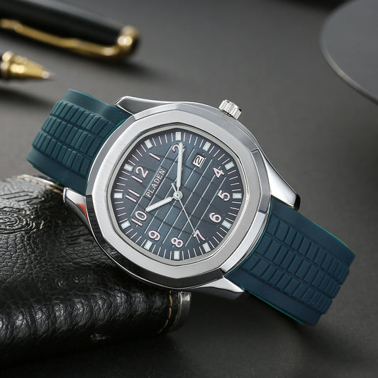 Pladen Men's Sport Watch | Grey Textured Dial Silver Case Black Rubber Strap Aquanaut Style Date Watch