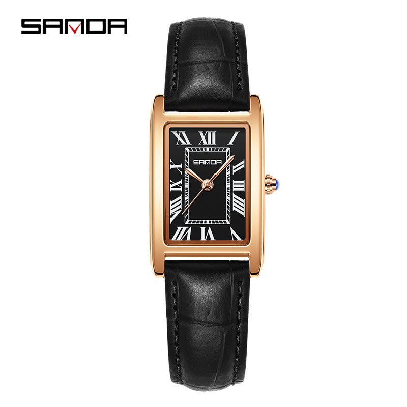 SANDA Women's Rectangle Rose Gold Watch | White Roman Numeral Dial Blue Hands Black Leather Strap Classic Quartz Timepiece