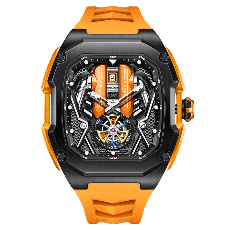 LILUOKE Men's Engine Skeleton Tourbillon Watch | Orange Black Supercar Inspired | Mechanical Turbine Dial | Date Window | Luxury Sport Racing Watch | UAE