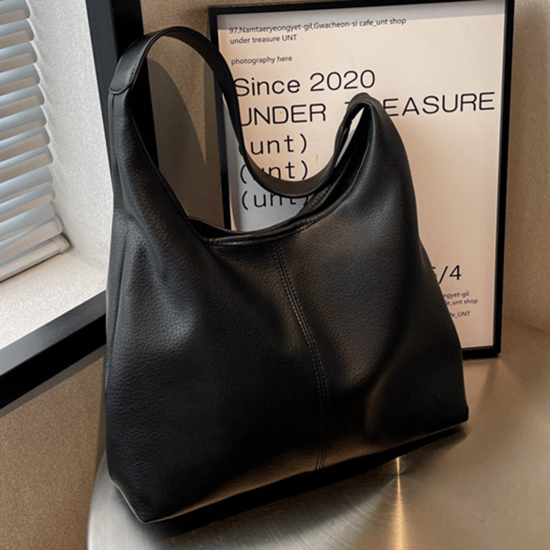 Black Leather Hobo Bag Slouchy Shoulder Handbag | Minimalist Soft Leather Tote