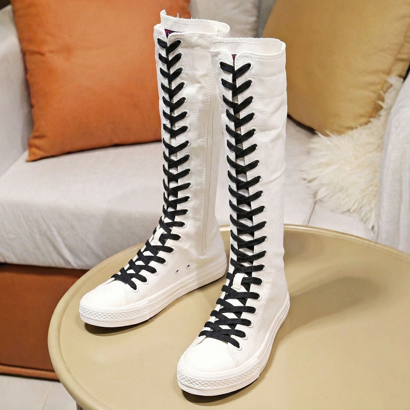 Stivali alti al ginocchio in tela bianca con lacci | Stivali sneaker alti con cerniera laterale | Scarpe alte da donna Punk Streetwear | Calzature in stile EMO Rock