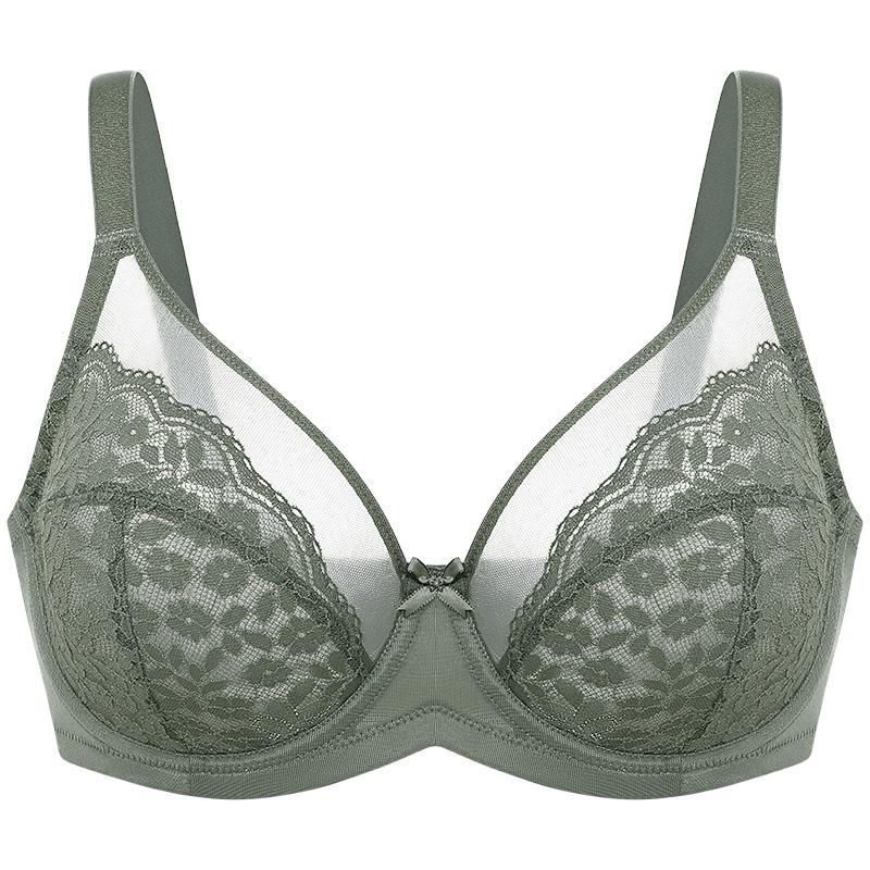 Damen-Bügel-BH aus salbeigrüner Spitze | Vollständige Abdeckung, ungefüttert, mit floraler Spitze und Mesh | Stützender Alltags-BH für alle Cup-Größen | Weltweiter Gratisversand