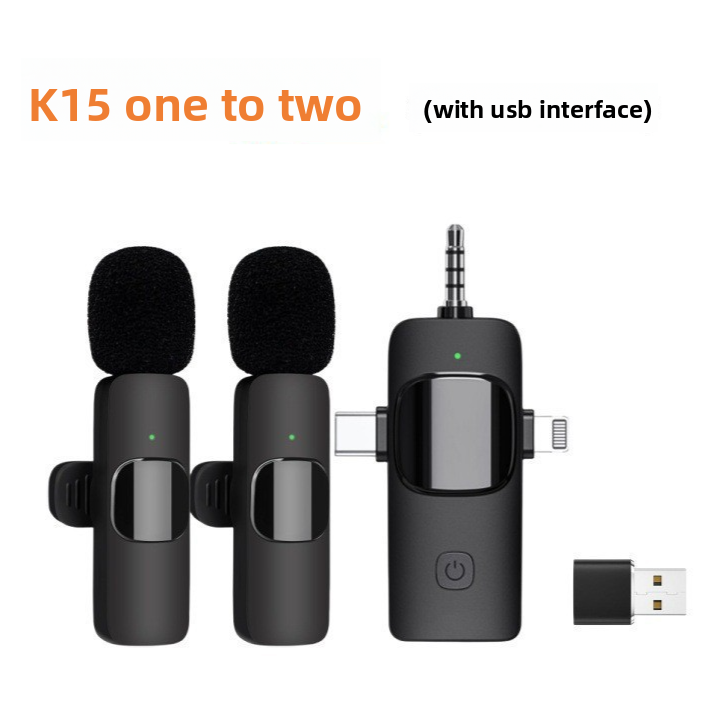 K15 Wireless Lavalier Microphone 1-to-2 | Dual Clip-On Mic for iPhone Android & Camera | USB Type-C Lightning 3.5mm Vlogging Mic
