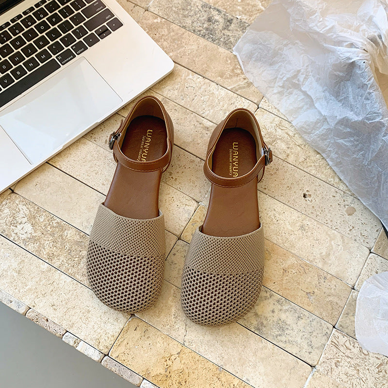 Tan Brown Mesh Cutout Flat Sandals for Women | Breathable Hollow Out Ankle Strap Flat Shoes | Casual Summer D'Orsay Sandals | Comfortable Everyday Flat Sandals