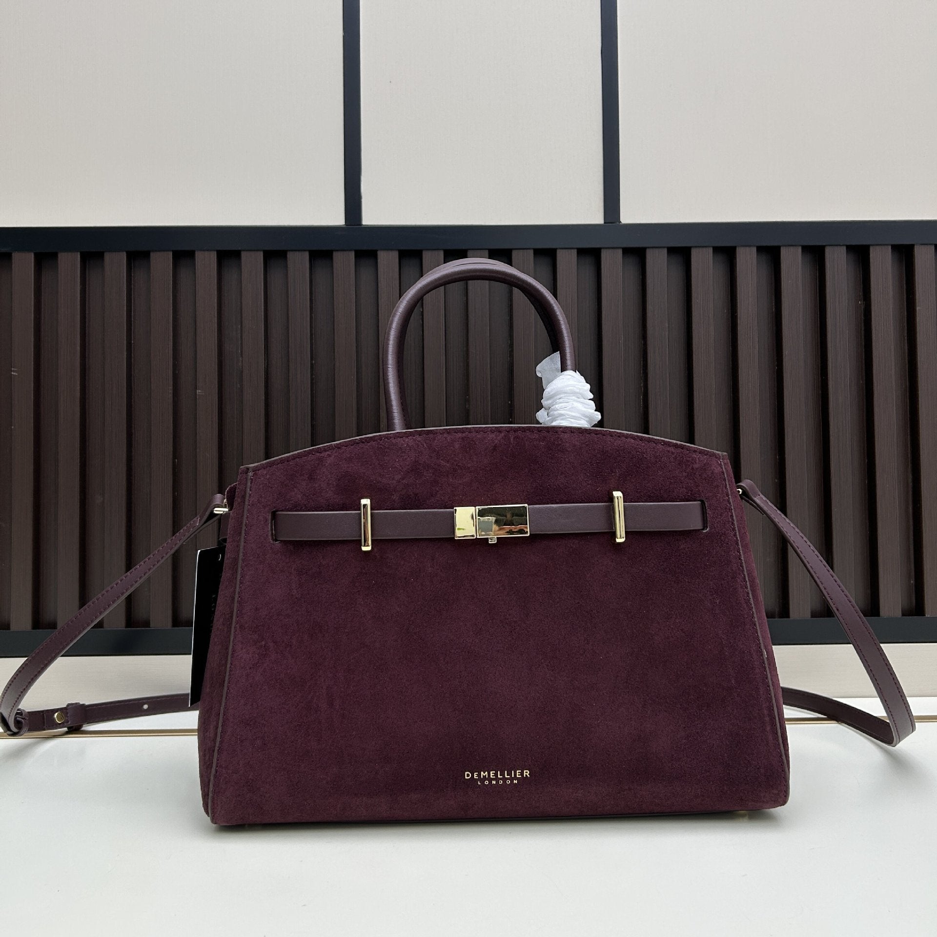 Black Suede Handbag with Gold Lock Hardware | Luxury Structured Tote Bag - DeMellier