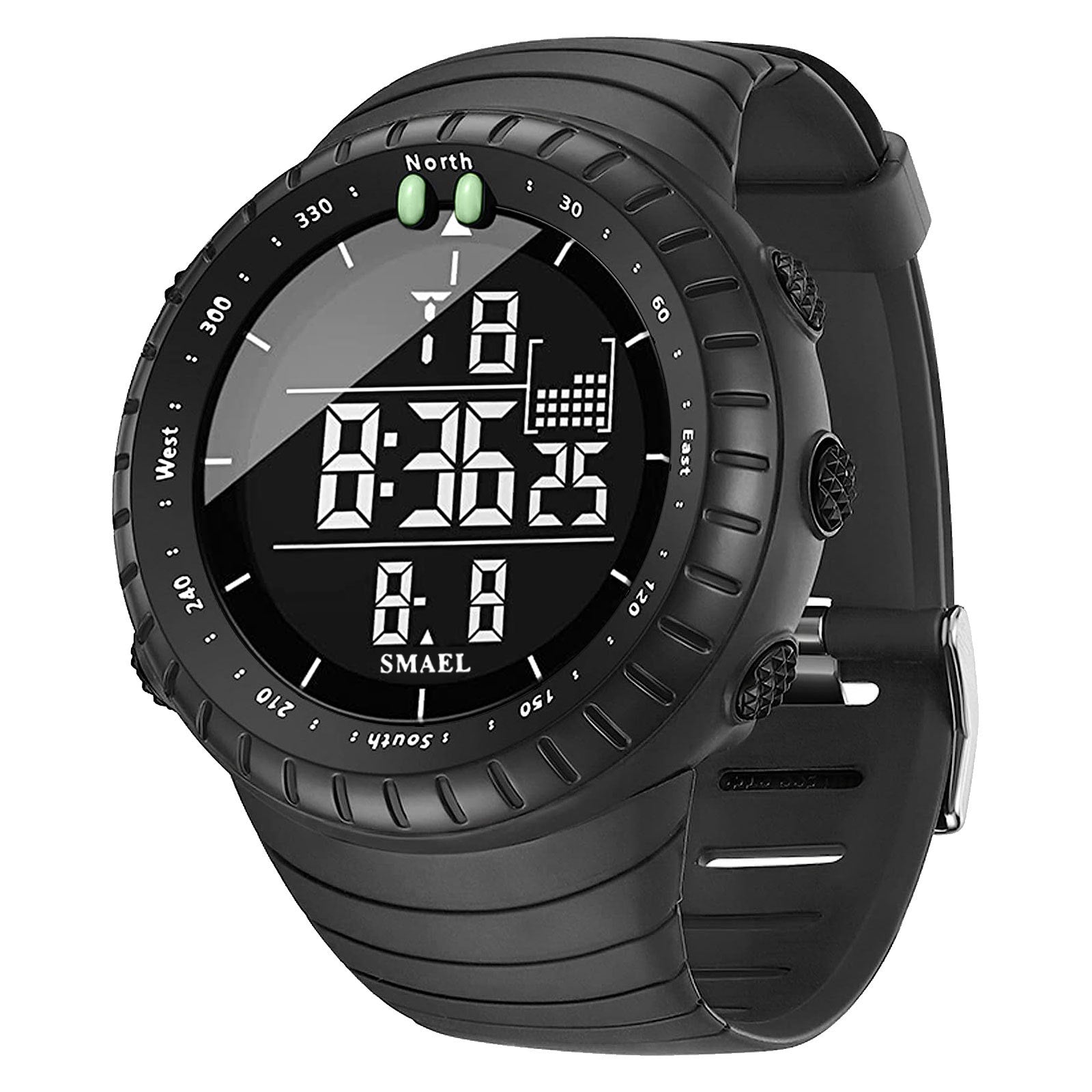 SMAEL Men's Digital Sport Watch | Compass Bezel Black Orange | Military Tactical LED Outdoor Watch with Calendar & Alarm