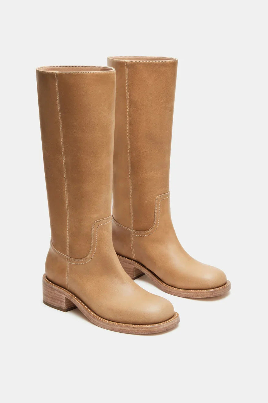 Women's Black Leather Knee High Riding Boots - Tall Pull On Western Boot with Block Heel & Square Toe - Classic Equestrian Style Boots for Fall Winter - Premium Smooth Leather