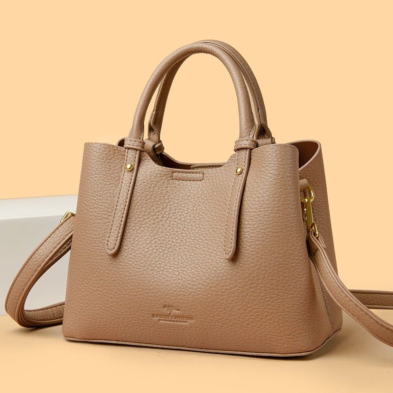Taupe Pebbled Leather Satchel Bag - Structured Top Handle Tote with Crossbody Strap | Women's Professional Handbag with Gold Hardware