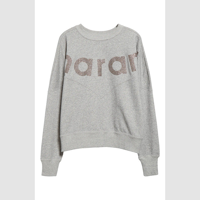 Black Glitter Logo Oversized Sweatshirt | Women's Relaxed Fit Crew Neck Pullover