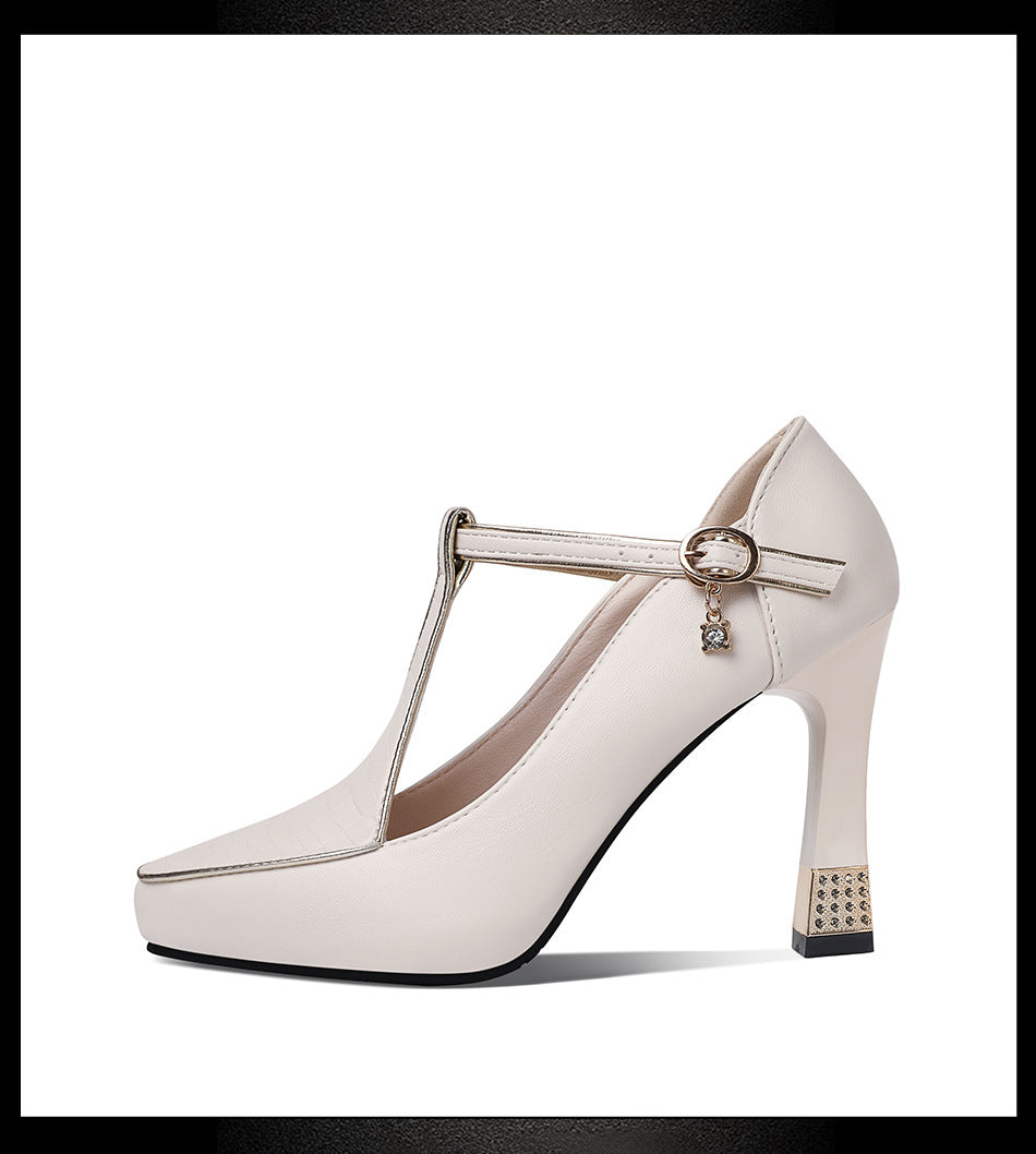 Black Crocodile Embossed T-Bar Pointed Toe Pumps with White Piping, Gold Crystal Charm & Rhinestone Block Heel | Luxury Women's Heels