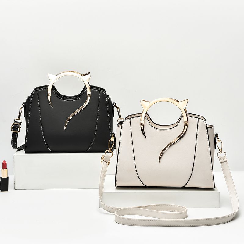 Cream Beige Structured Handbag with Gold Metal Handle | Elegant Crossbody Tote