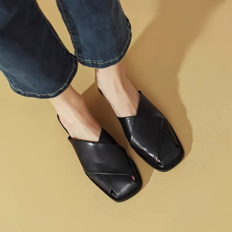 Women's Black Leather Cross Strap Flat Mule Slides ? Minimalist Open Toe Slip-On Summer Shoes