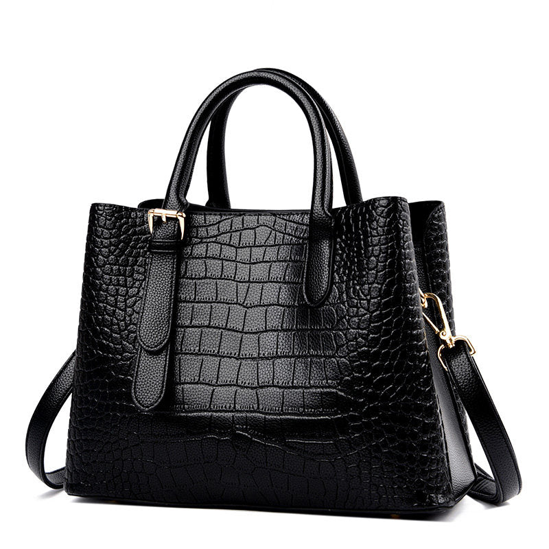 Blue Gray Crocodile Embossed Leather Handbag with Gold Hardware | Structured Tote