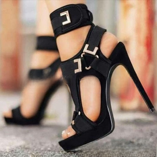 Black Suede Gold Hardware Cutout T-Bar Stiletto Sandals | Women's Gladiator High Heel Open Toe Shoes