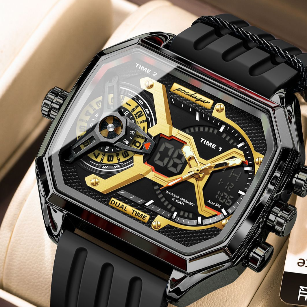 Poedagar Men's Dual Time Digital Analog Watch | Square Blue Rubber Strap | Military Sport Chronograph Waterproof
