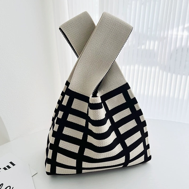 Black & White Geometric Knit Tote Bag | Aztec Pattern Wrist Handle Handbag | Boho Crochet Style Women's Bag