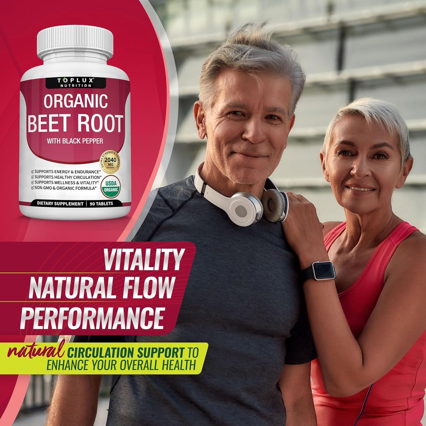 Toplux Organic Beet Root 2040mg | Energy & Antioxidant Support | USDA Organic Non-GMO | 90 Tablets