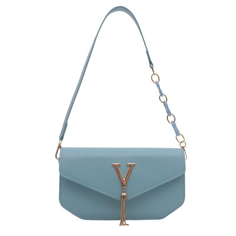 White Leather Shoulder Bag with V Logo - Envelope Flap Crossbody with Chain & Tassel Detail | Designer Inspired Handbag