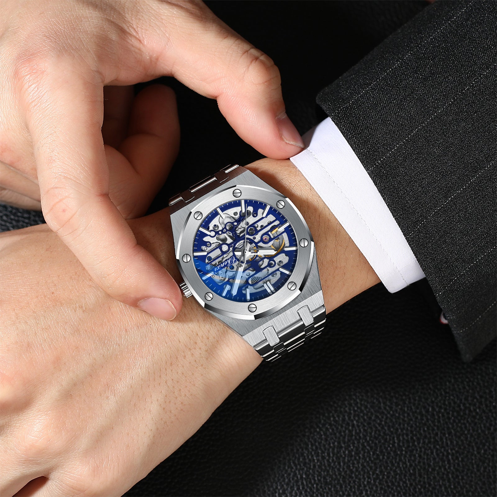 Chenxi Men's Skeleton Mechanical Watch | Royal Oak Style Octagonal Screw Bezel Blue Accent | Silver Stainless Steel Bracelet Luxury Timepiece