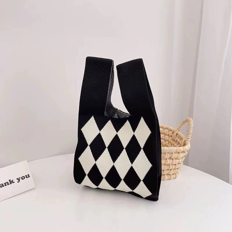 Black & White Geometric Knit Tote Bag | Aztec Pattern Wrist Handle Handbag | Boho Crochet Style Women's Bag