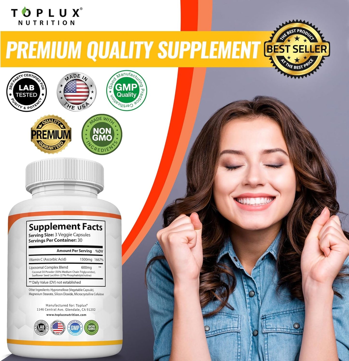 Toplux Nutrition Liposomal Vitamin C 2100mg 2x Pack | 2x90 Capsules Enhanced Absorption Non-GMO Immune Support