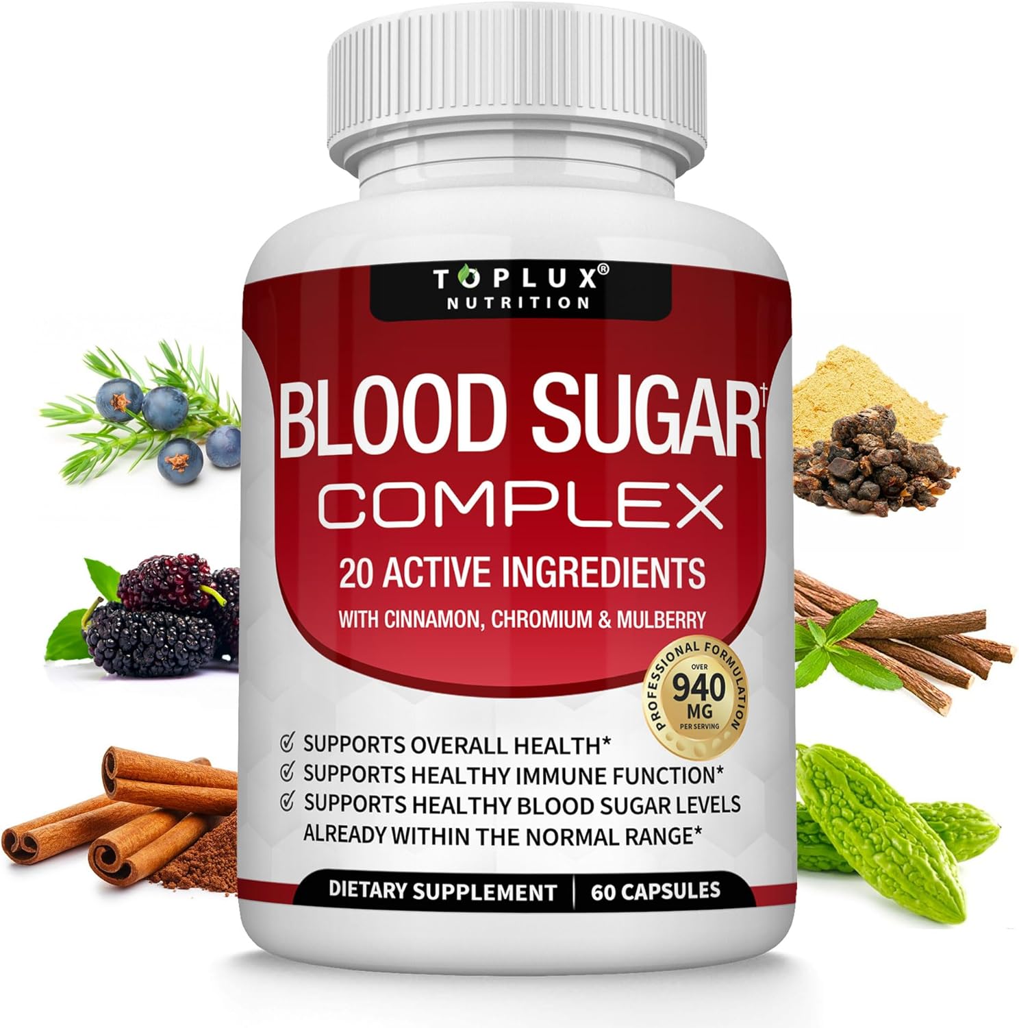 مكمل غذائي توبلكس نيوترشن Blood Sugar Complex عبوة من قطعتين | كبسولات 2 × 60 | 20 مكونًا نشطًا | القرفة والكروم والتوت