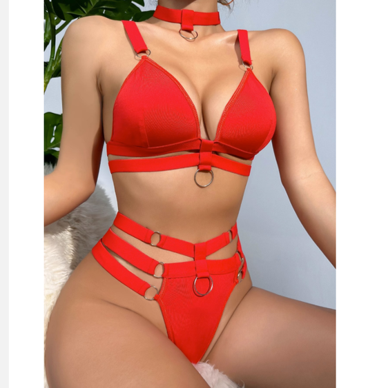 Women's Royal Blue Strappy Harness Bra & High Waist Panty Set with Choker ? Sexy 3-Piece O-Ring Lingerie Set