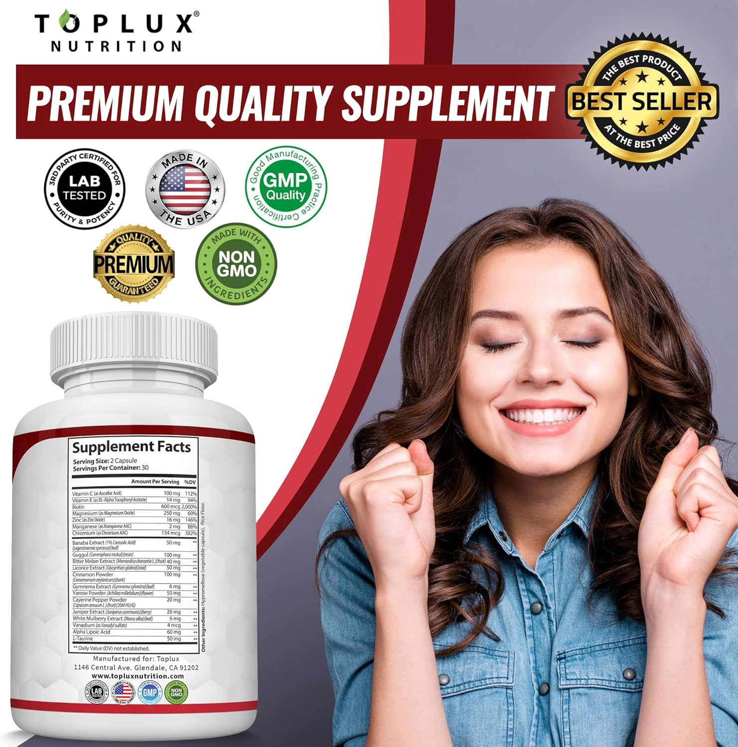 مكمل غذائي توبلكس نيوترشن Blood Sugar Complex عبوة من قطعتين | كبسولات 2 × 60 | 20 مكونًا نشطًا | القرفة والكروم والتوت