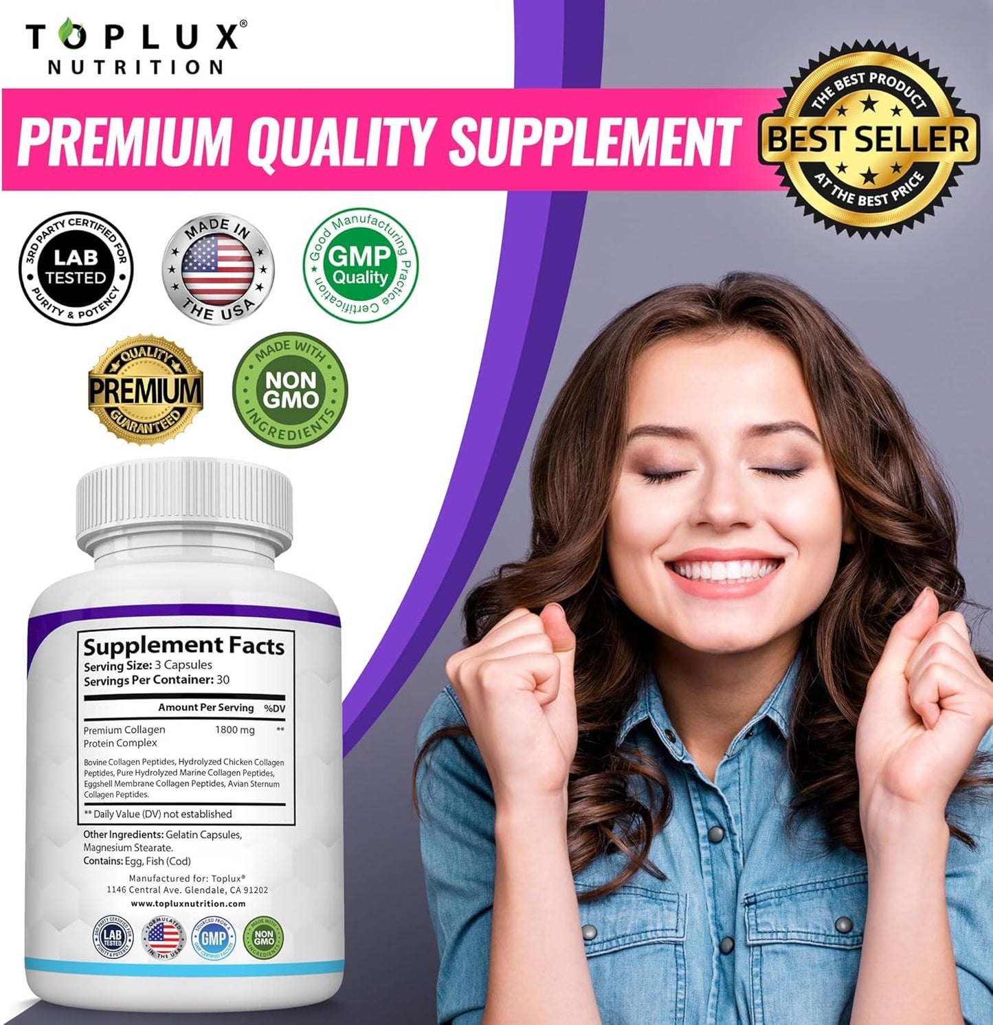 Toplux Collagen Peptides Capsules - 5 Types I II III V X - 1800mg Per Serving - Supports Joints, Skin, Hair & Nails - 90 Capsules (2-Pack)