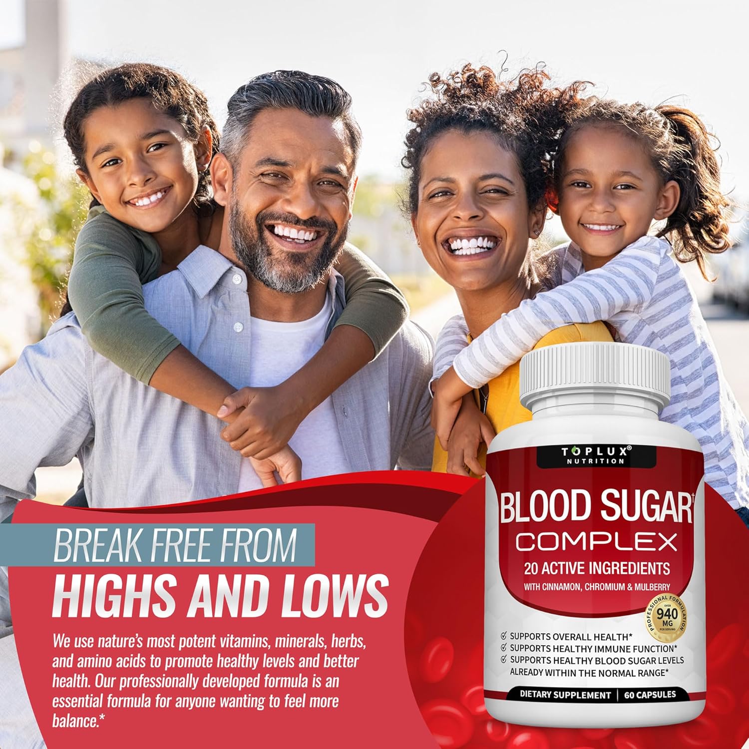 مكمل غذائي توبلكس نيوترشن Blood Sugar Complex عبوة من قطعتين | كبسولات 2 × 60 | 20 مكونًا نشطًا | القرفة والكروم والتوت