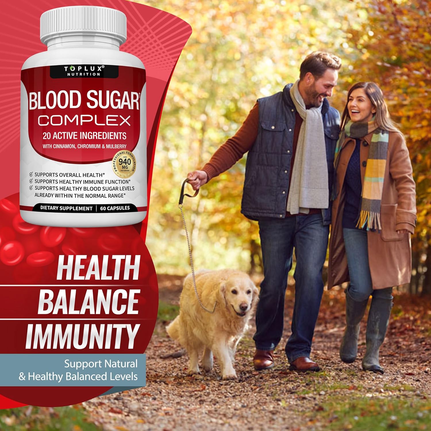 مكمل غذائي توبلكس نيوترشن Blood Sugar Complex عبوة من قطعتين | كبسولات 2 × 60 | 20 مكونًا نشطًا | القرفة والكروم والتوت