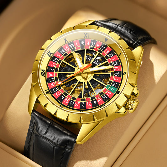 Skeleton Roulette Wheel Watch Men | Black & Gold Hollow Mechanical Style Casino Dial | Roman Numeral Leather Strap Luxury Novelty Watch