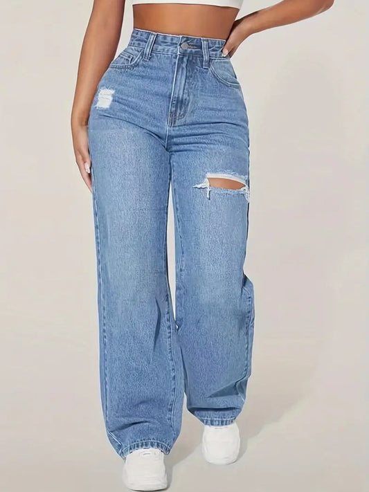 Women's High Waist Wide Leg Ripped Jeans | Light Blue Distressed Denim | Casual Baggy Jean