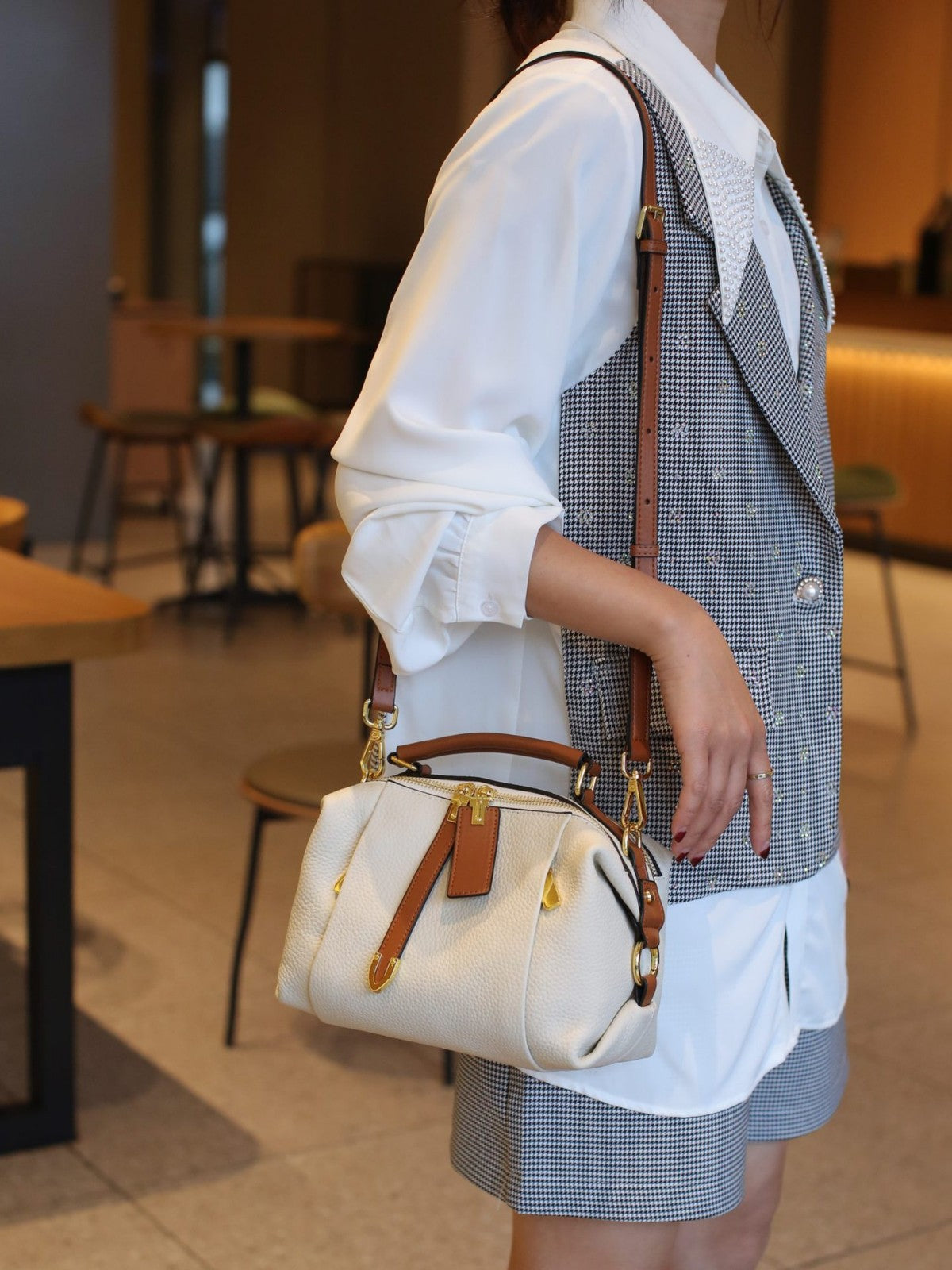 Black Canvas Doctor Bag with Brown Leather Trim | Small Structured Crossbody Handbag
