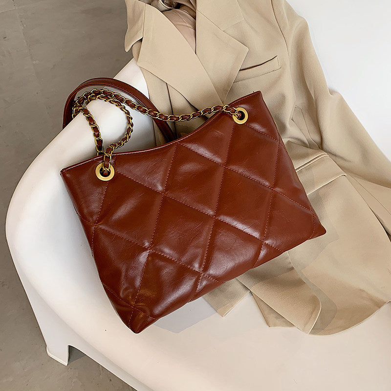 Cream White Quilted Leather Tote Bag with Gold Chain Straps | Diamond Stitched Shoulder Bag