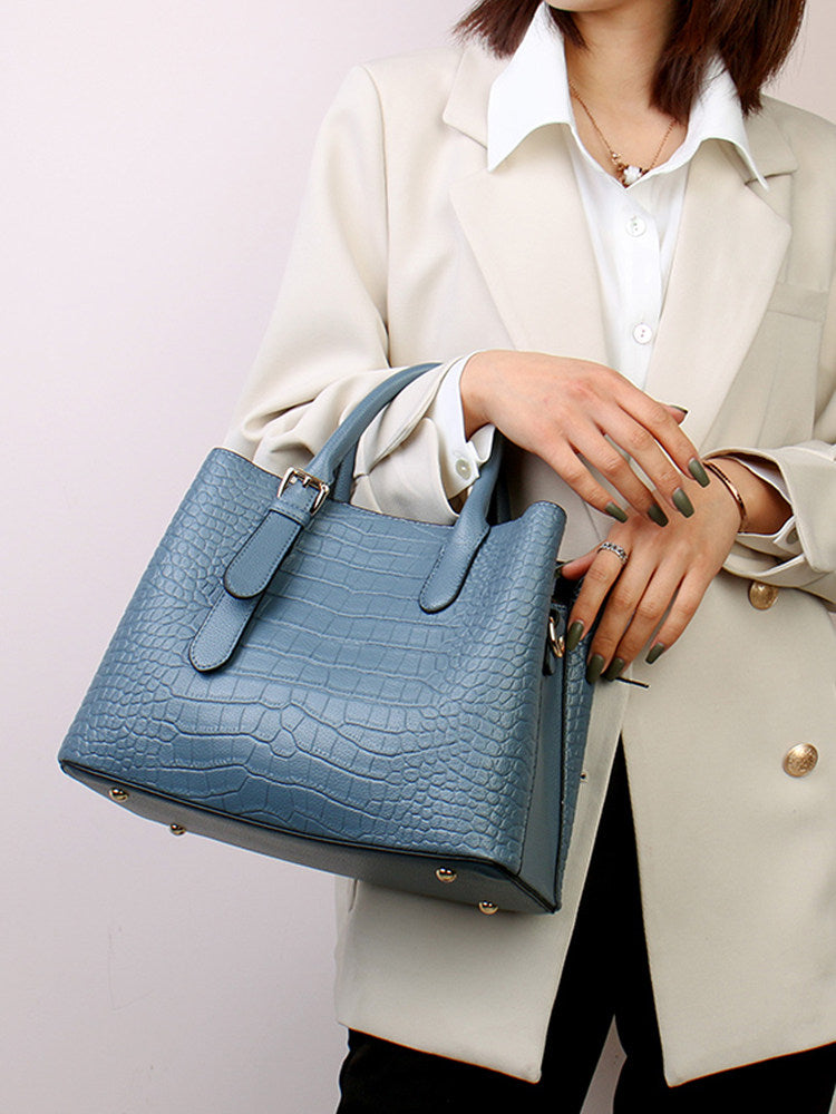 Blue Gray Crocodile Embossed Leather Handbag with Gold Hardware | Structured Tote