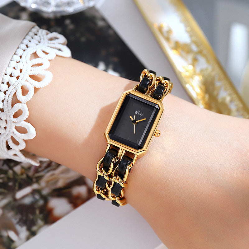 Gedi Women's Gold White Chain Watch | Mother of Pearl Dial Octagonal Case Ceramic Link Luxury Quartz Watch