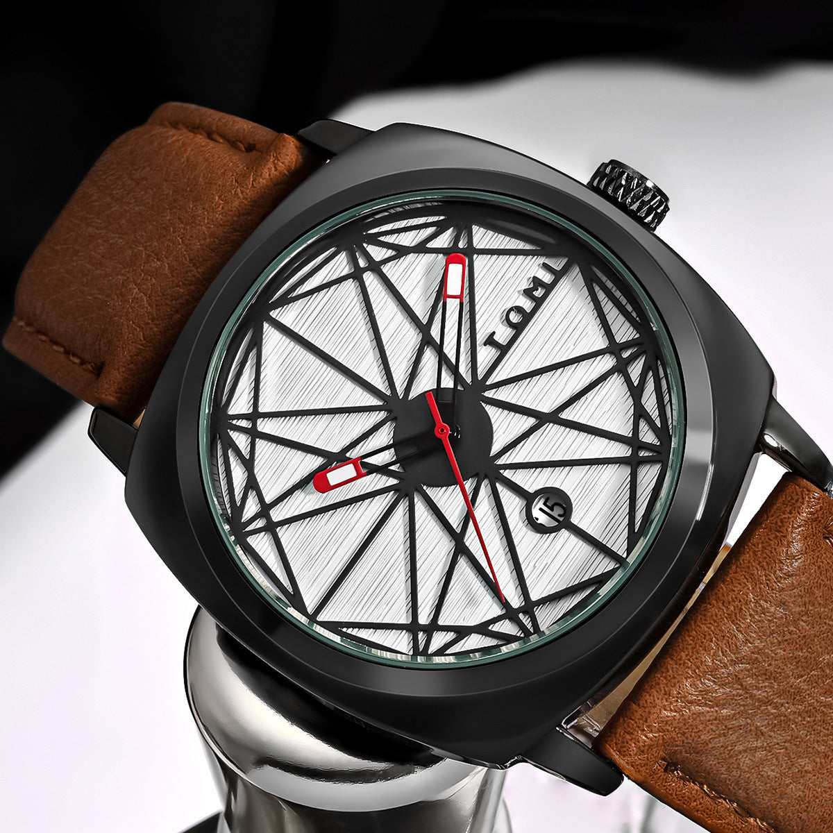 TOMI All Black Geometric Dial Men's Watch | Red Accent Hands Cushion Case Black Leather Strap Date Watch