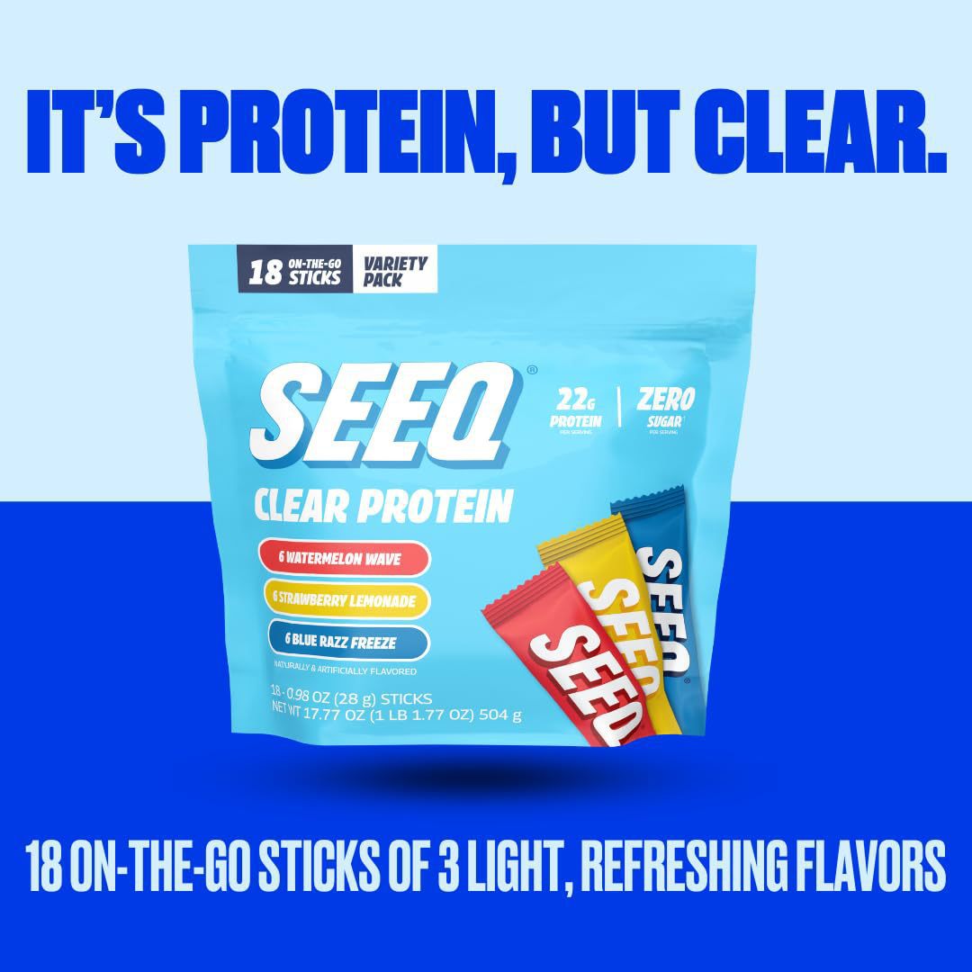 SEEQ Clear Protein Variety Pack 18 Sticks | 22g Protein Zero Sugar | Watermelon, Strawberry Lemonade & Blue Razz