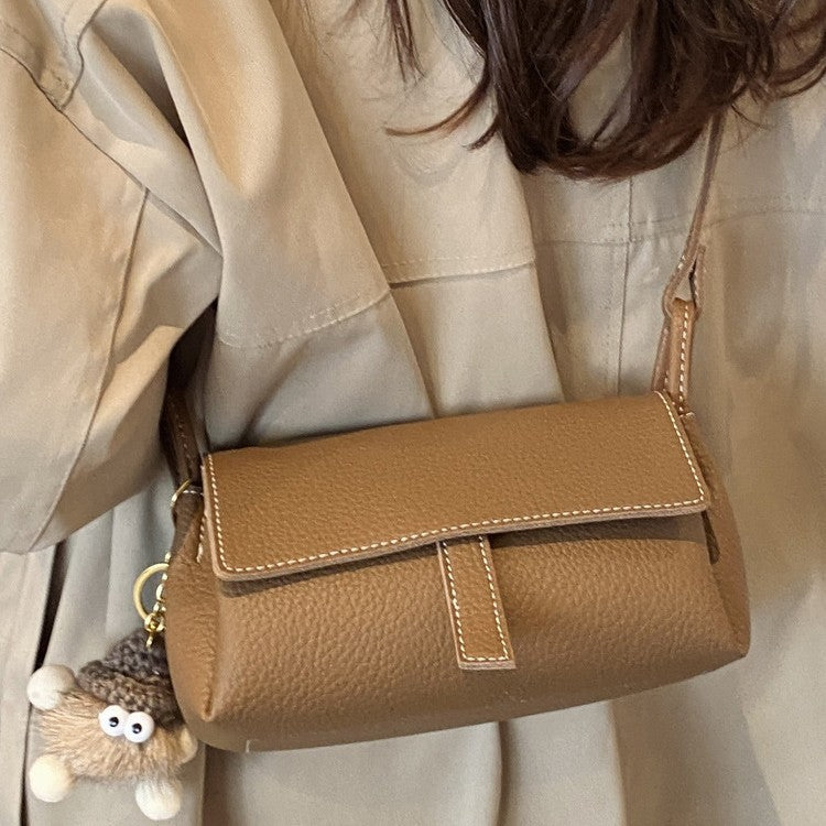Taupe Brown Leather Crossbody Bag - Structured Flap Bag with Braided Strap & Hedgehog Charm | Small Shoulder Bag