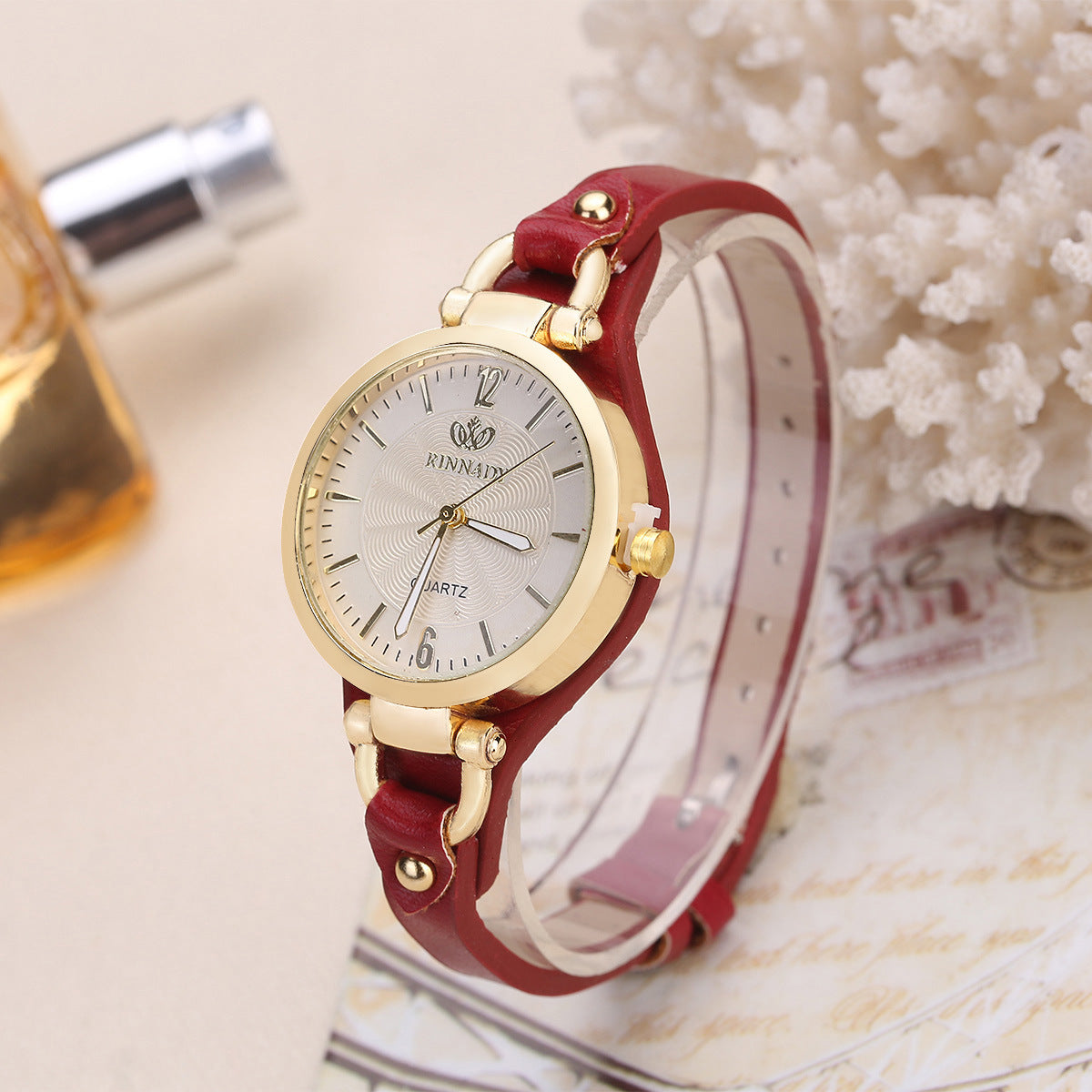 Brown Leather Wrap Watch Women | Gold Case Guilloche Dial | Thin Strap Stud Detail | Boho Vintage Quartz Dress Watch