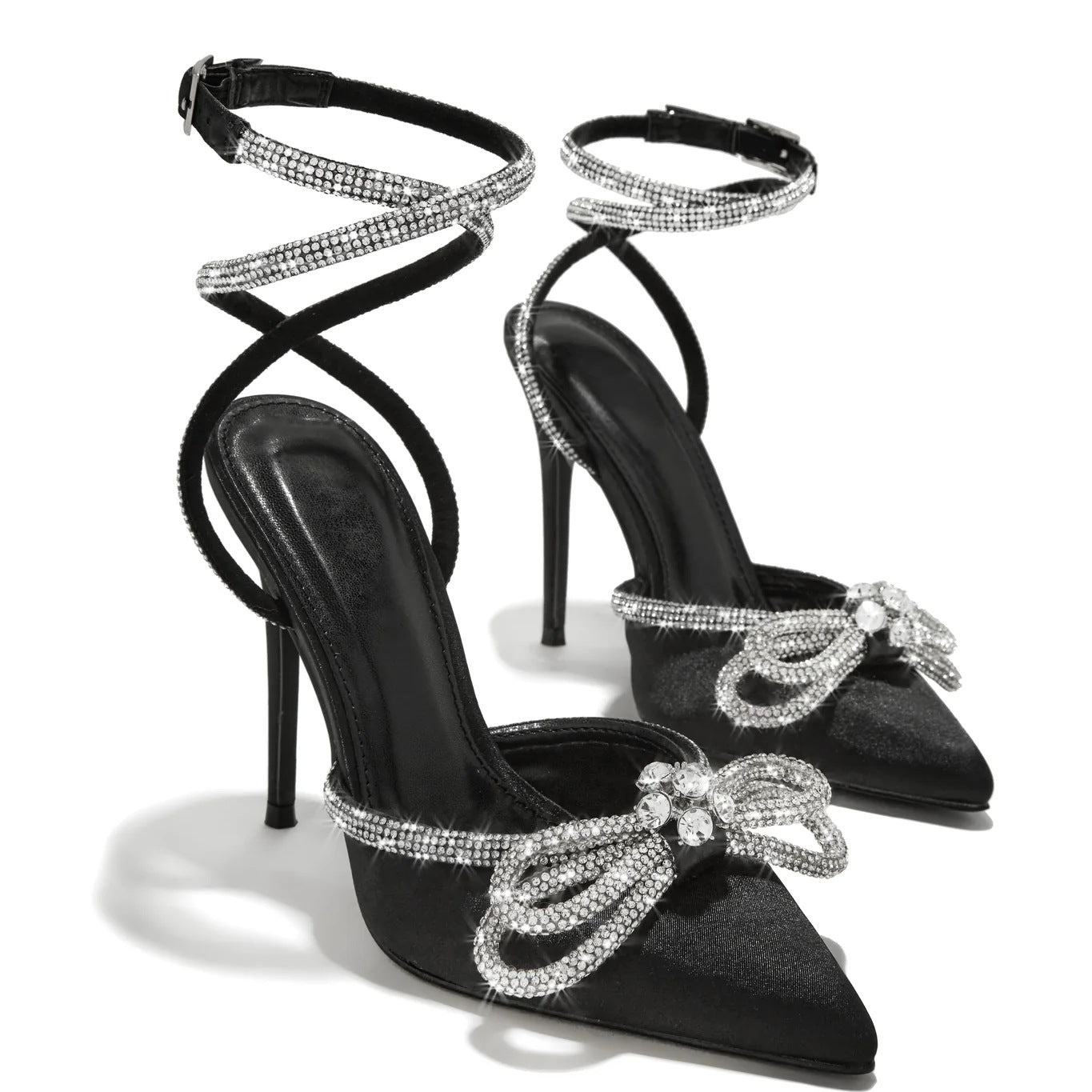 Black Satin Crystal Bow Ankle Wrap Stiletto Heels | Women's Rhinestone Bow Pointed Toe Sandals