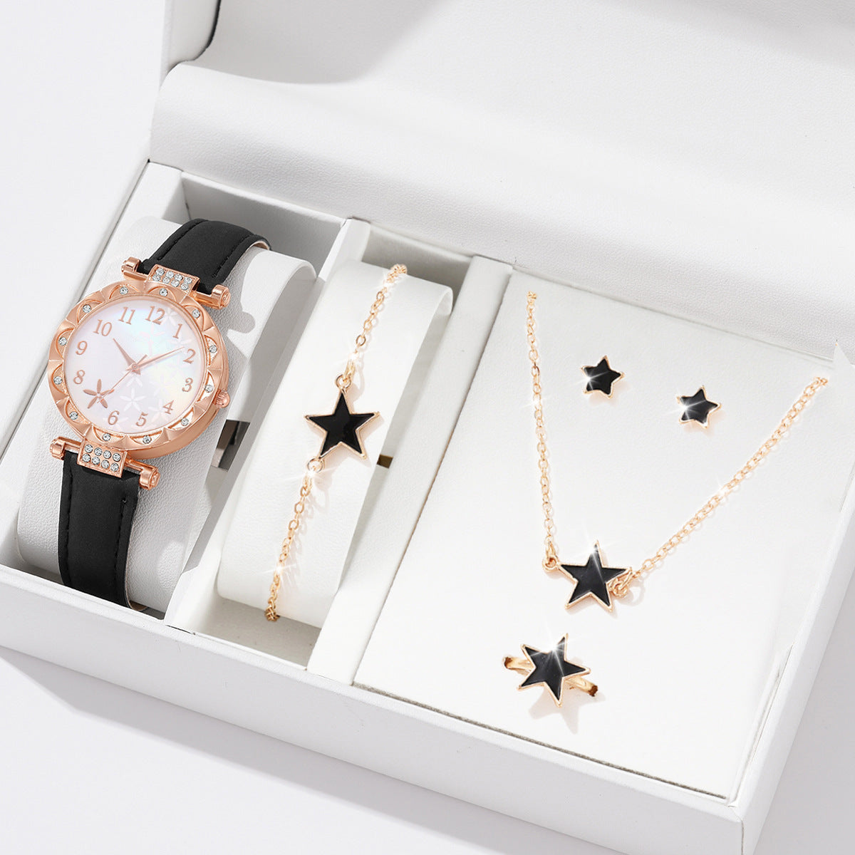 Women's Rose Gold Diamond Watch & Pearl Jewellery Gift Set | 6 Piece White Leather Strap Watch Necklace Earring Bracelet Ring Set