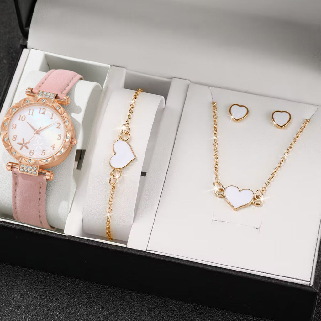 Women's Rose Gold Diamond Watch & Pearl Jewellery Gift Set | 6 Piece White Leather Strap Watch Necklace Earring Bracelet Ring Set