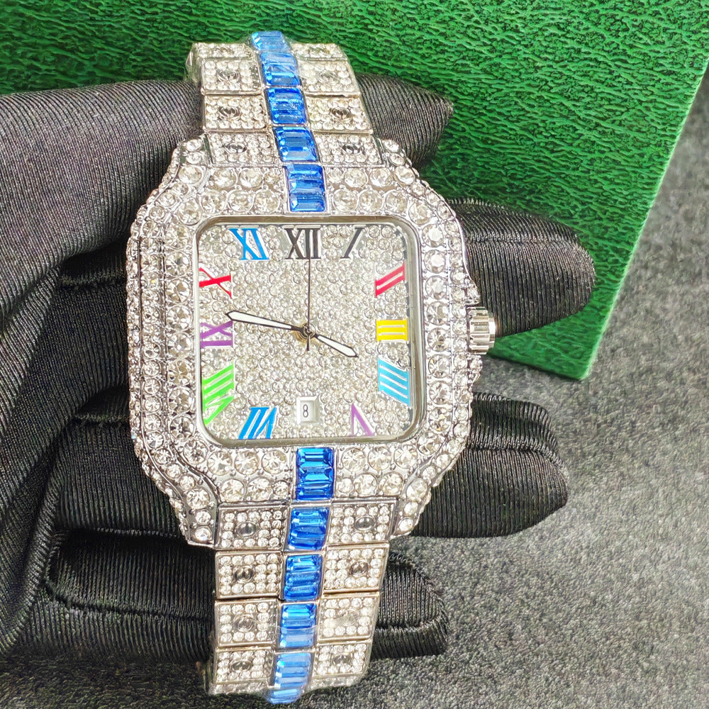 Iced Out Square Watch Men | Black CZ Blue Sapphire Baguette | Roman Numeral Blue Pave Dial | Hip Hop Luxury Date Watch