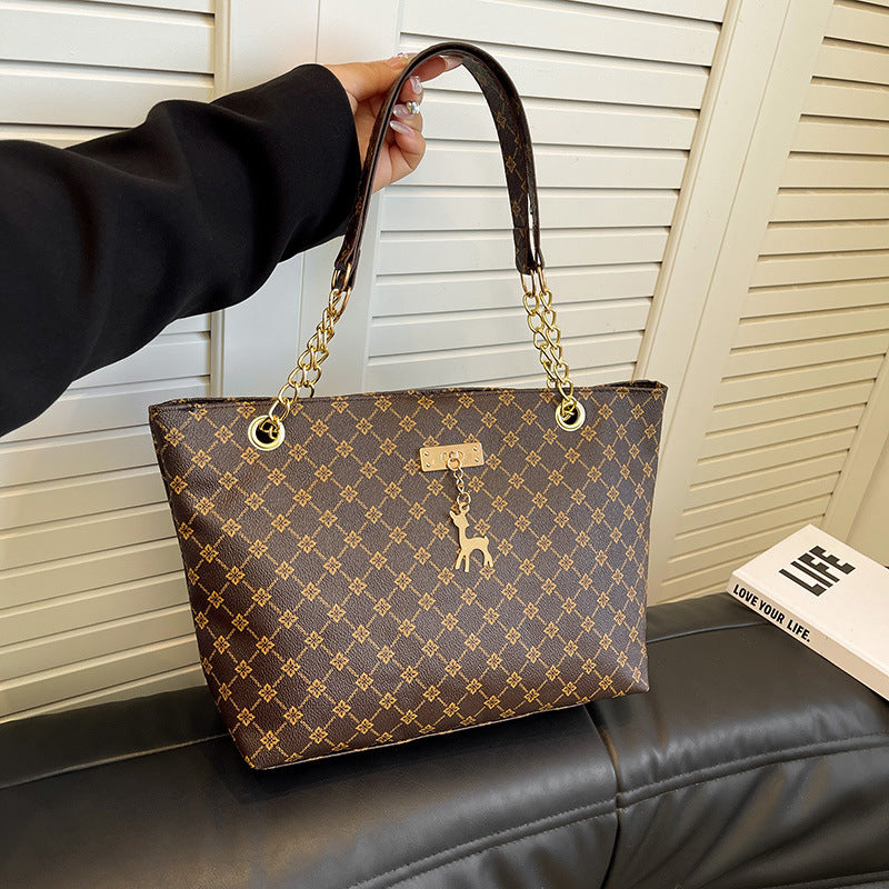 Black Monogram Pattern Chain Strap Tote Bag Gold Deer Charm Lock Detail Shoulder Bag | Women Luxury Designer Inspired Large Everyday Handbag Purse