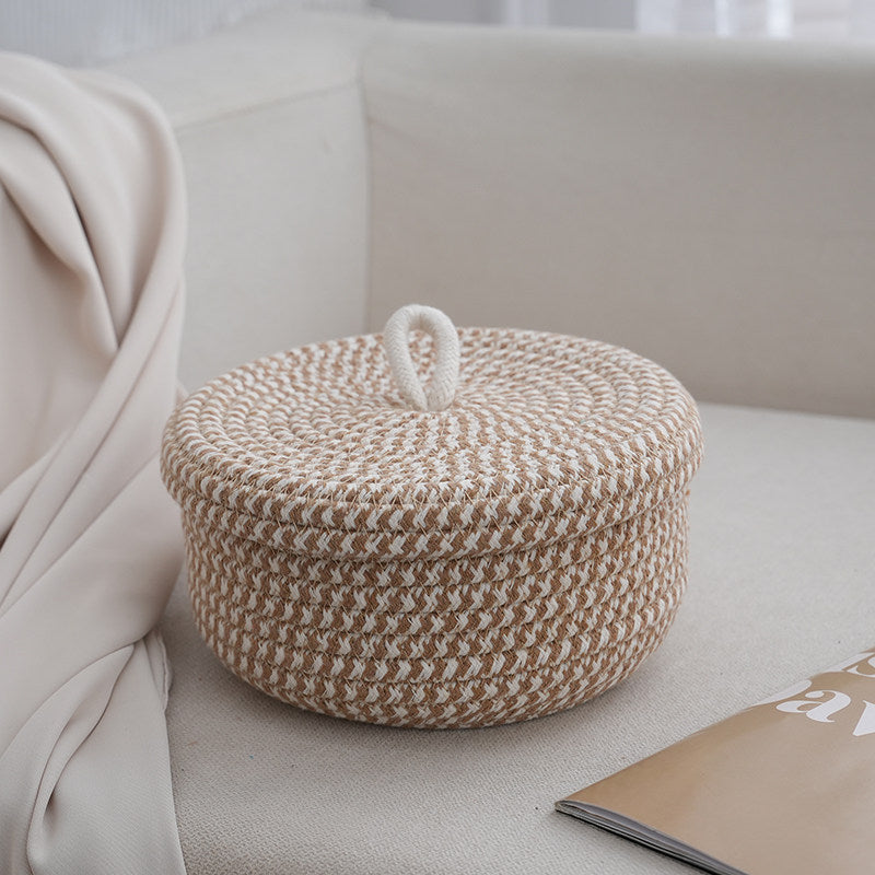 Woven Rope Storage Basket with Lid | Round Cotton Braided Organizer Box | Boho Desk Bathroom Bedroom Basket Beige