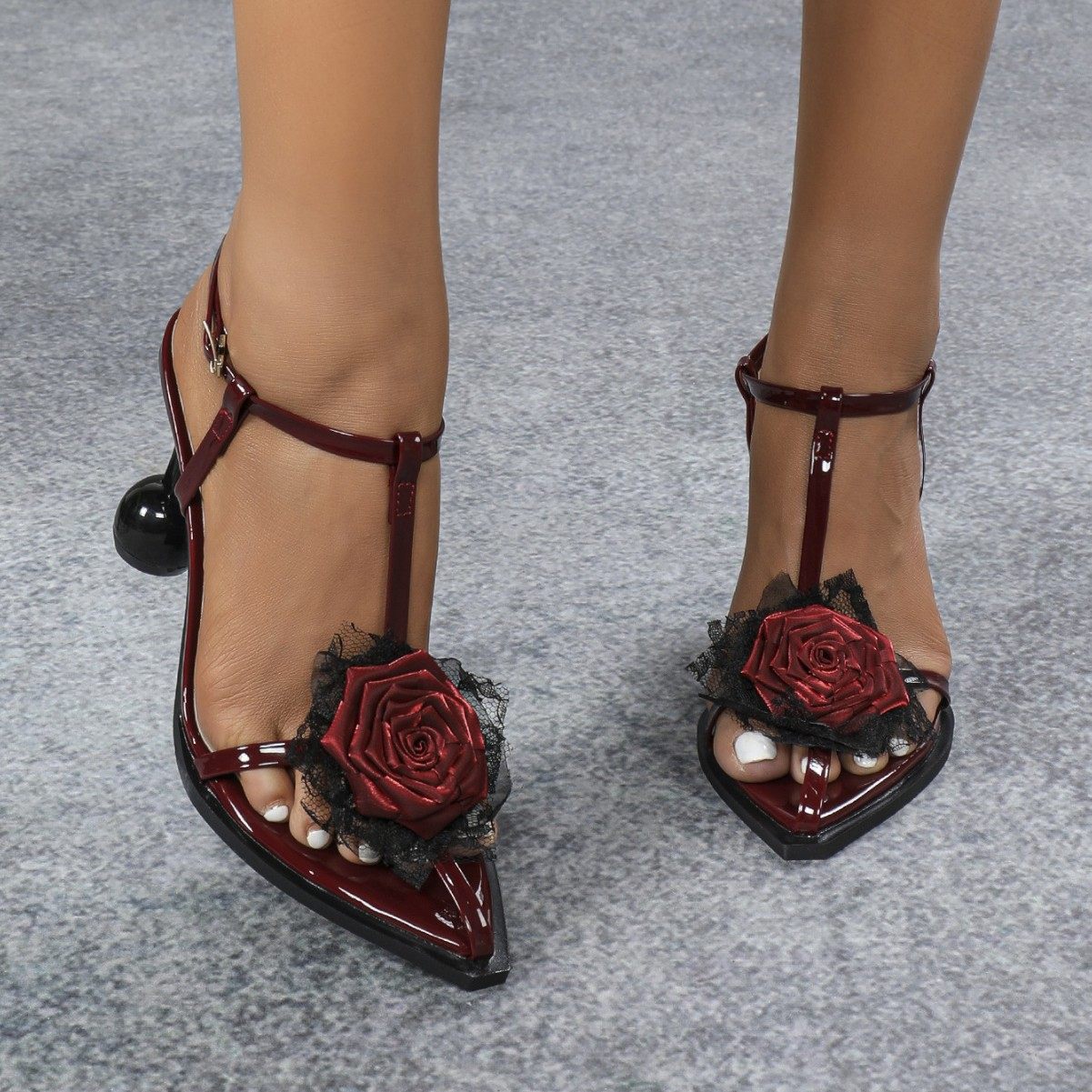 Burgundy Wine Patent 3D Rose Lace Appliqu� T-Bar Pointed Toe Sandals with Sculptural Black Orb Heel | Gothic Romantic Luxury Heels for Women