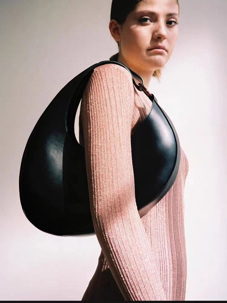 Black Leather Crescent Shoulder Bag for Women | Oversized Hobo Moon Bag Minimalist Tote